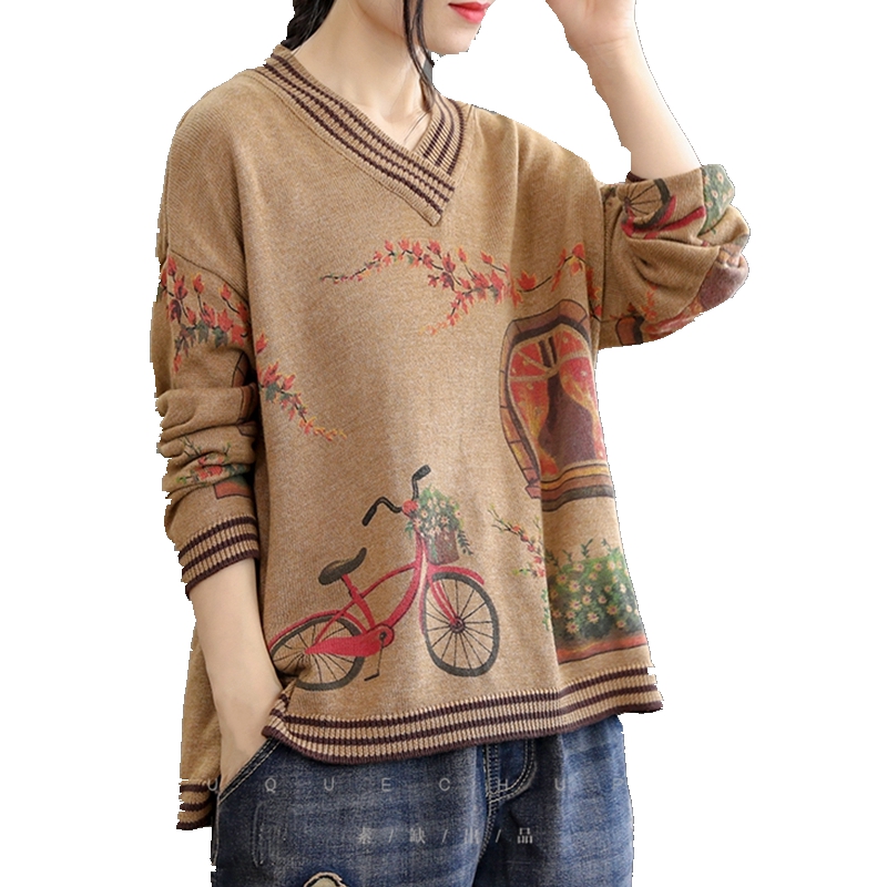 

Women's Autumn Loose Long-sleeved Sweater Painted V-neck Large Size Sweater Women's Clothing Comfortable Knitted Pullovers, Blue