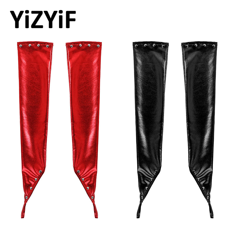 

Women Shiny Metallic Gloves Wetlook Patent Leather Fingerless Long Gloves with Rivets Night Club Dancewear sexy Long Arm