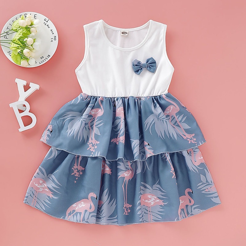 

HIPAC 2020 Girl Clothes Girlymax Dress Summer Cotton Knee-Length European and American Style Bow A-Line Sleeveless Print, White