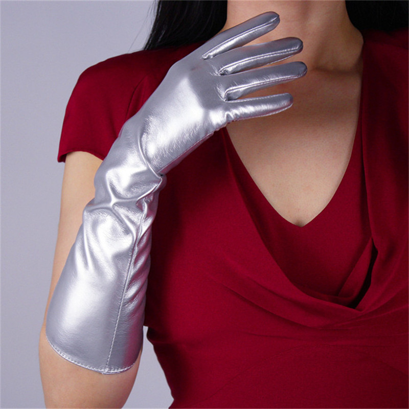 

40cm Patent Leather Silver Gloves Long Section PU Emulation Leather Warm Bright Mirror Metallic Glitter Female PU48-40