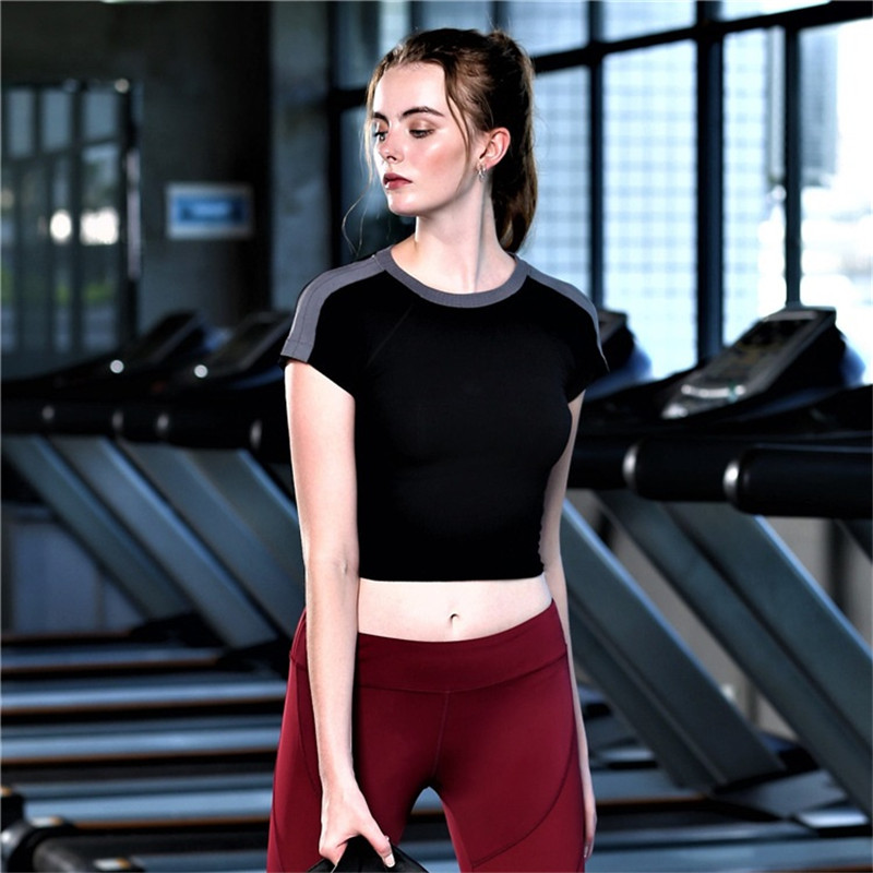 

Women Sexy Yoga Short Sleeve T Shirt Fitness Gym Running Tops Quick Dry Sports T-Shirts Short Style Undershirt Crop Tops, Black