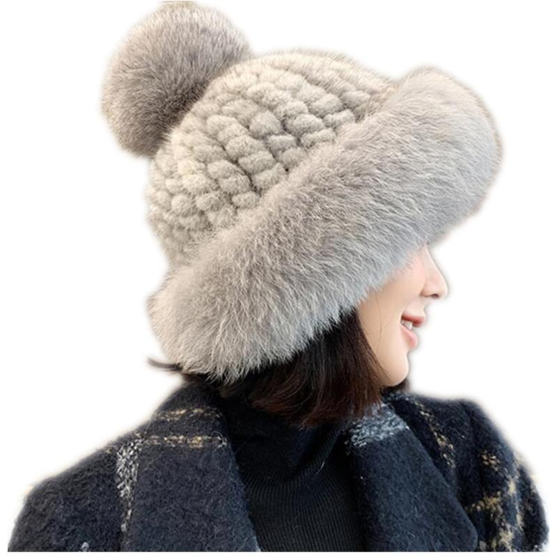 

hat women's winter real hats with big genuine fur pompom girl beanies 2020 new design warm thick knitted bonnet H79, Blue;gray