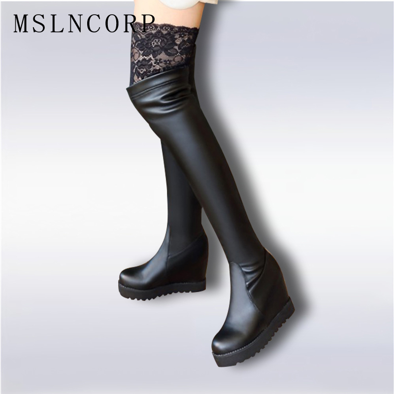 

size 34-43 Quality Leather Boots Women Thigh High Sexy Fashion Over the Knee Boots Female Height Increasing Platform Party Shoes, As photo thin fur
