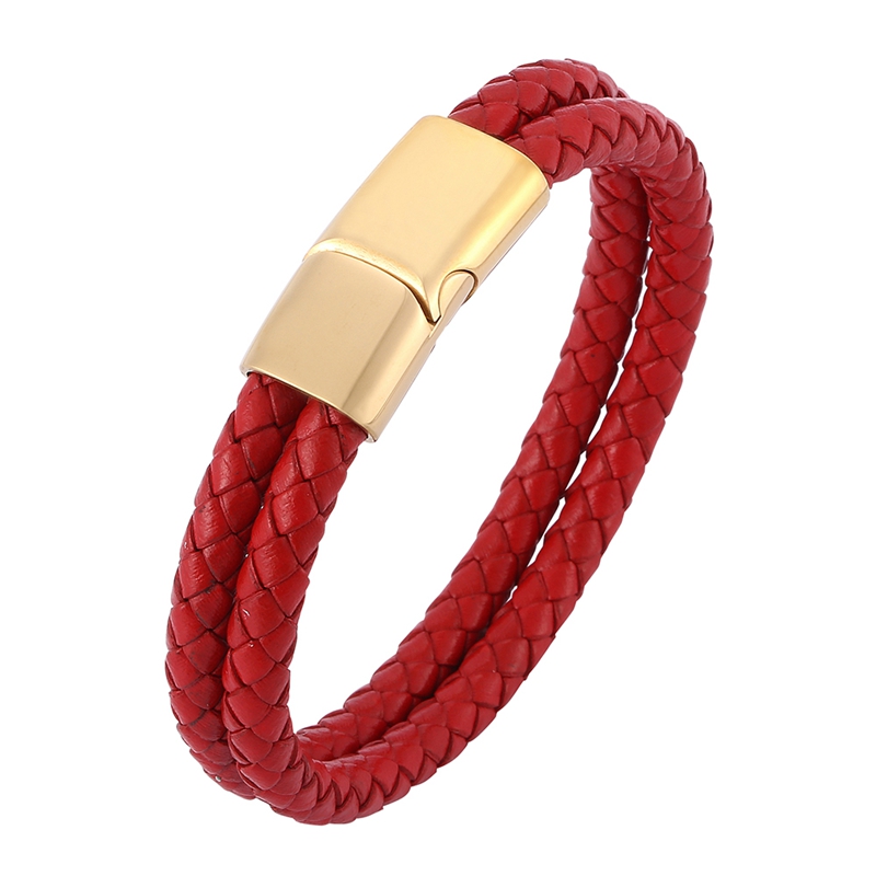 

Fashion Men Jewelry Punk Red Double Braided Leather Bracelet Man Stainless Steel Magnetic Clasp Male Wristband Gifts SP0505