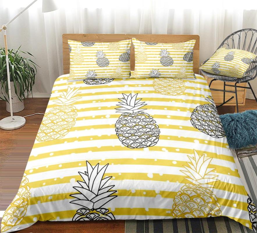 

Striped Fruits Bedding Set Pineapple Duvet Cover Set Tropical Bedclothes Yellow Stripe Bed Linen Kids Teens Home Textile Bed