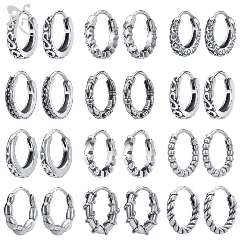 

Hoop & Huggie ZS 1 Pair Gothic Punk Stainless Steel Earrings Men Women Kpop HipHop Earring Star Pattern Circle Vintage Jewelry
