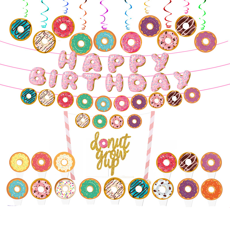 

Paper Donut Grow UP Cake Toppers Glitter Gold Two Sweet Cupcake Topper Happy Birthday Pull Flower Flag Banner Spiral Hanging D