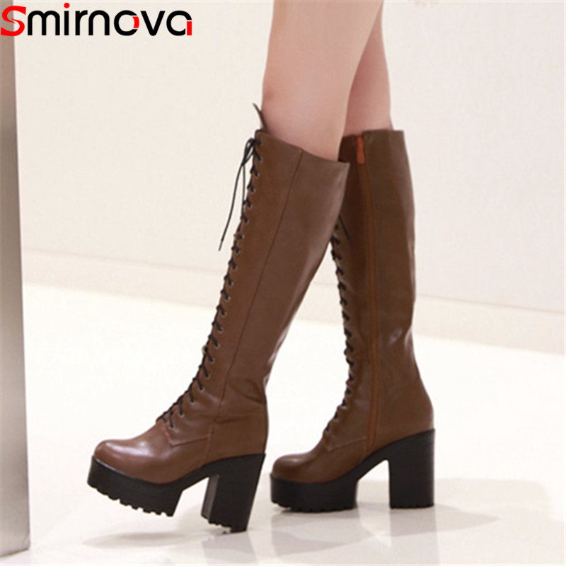 

Smirnova big size 34-43 fashion knee high boots round toe ladies autumn winter boots cross tied platform women 2020 new, Brown