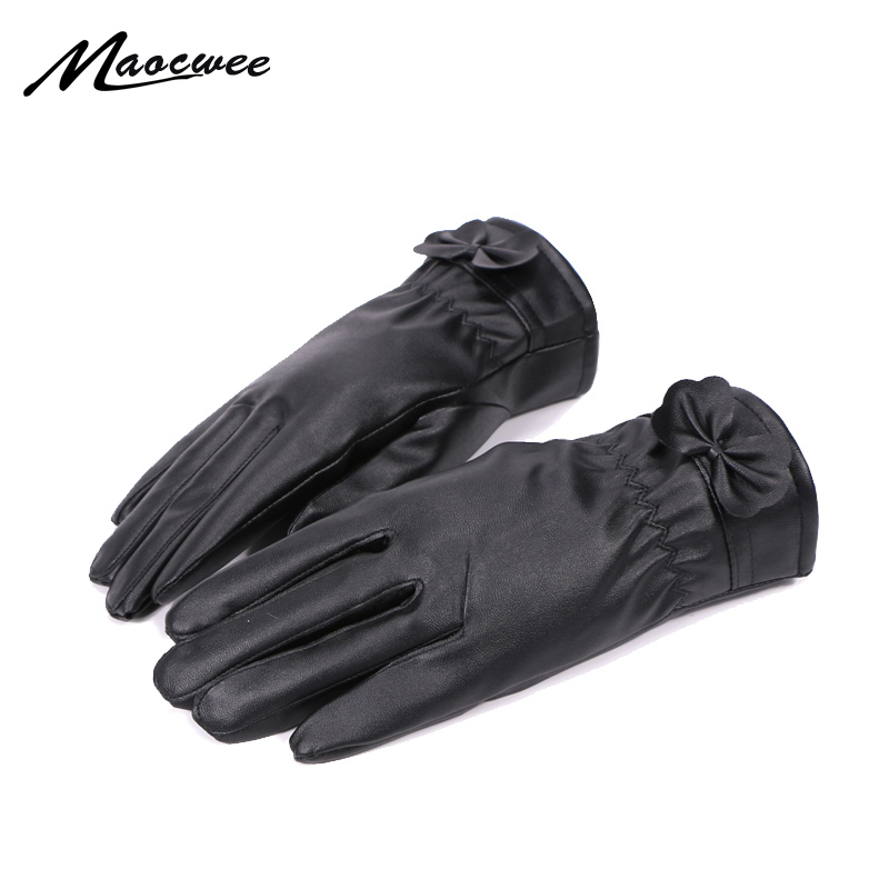 

Women's winter new pu solid color plus velvet gloves outdoor riding antifreeze gloves fashion wild flowers decorative warm glove