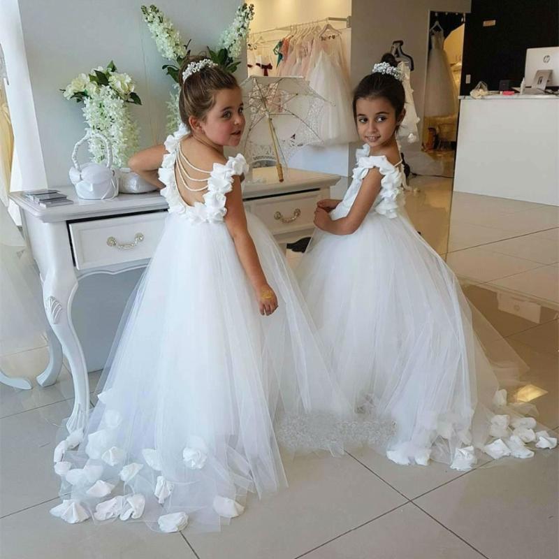 

Pretty White Flower Girl Dresses 2020 3D Floral Appliques Pageant Gowns Custom Made Beaded Girls Communion Dress, Beige