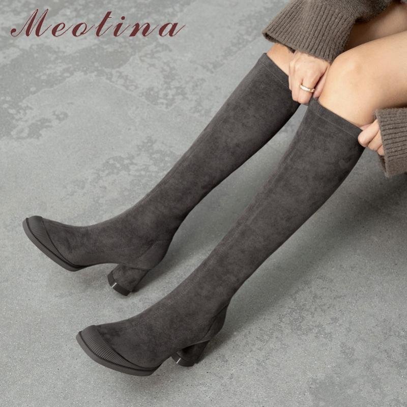 

Meotina Women Knee High Boots Shoes Round Toe Chunky Heels Lady Stretch Boots Slip On High Heel Long Autumn Winter Gray, Black synthetic lin