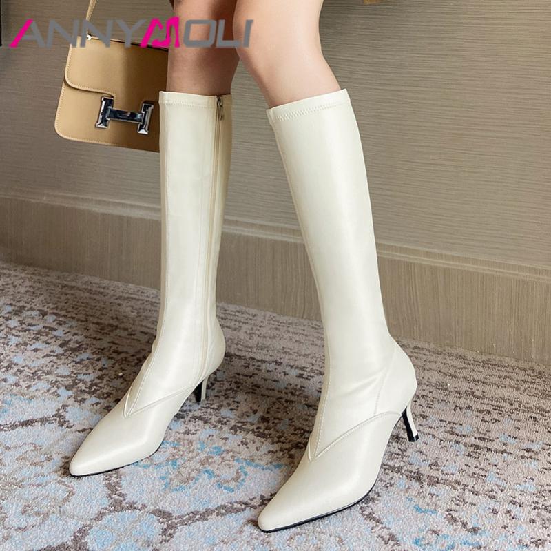 

ANNYMOLI Knee High Boots Women Shoes Real Leather High Heel Long Boots Pointed Toe Stiletto Heels Zip Stretch White Black, Black synthetic lin