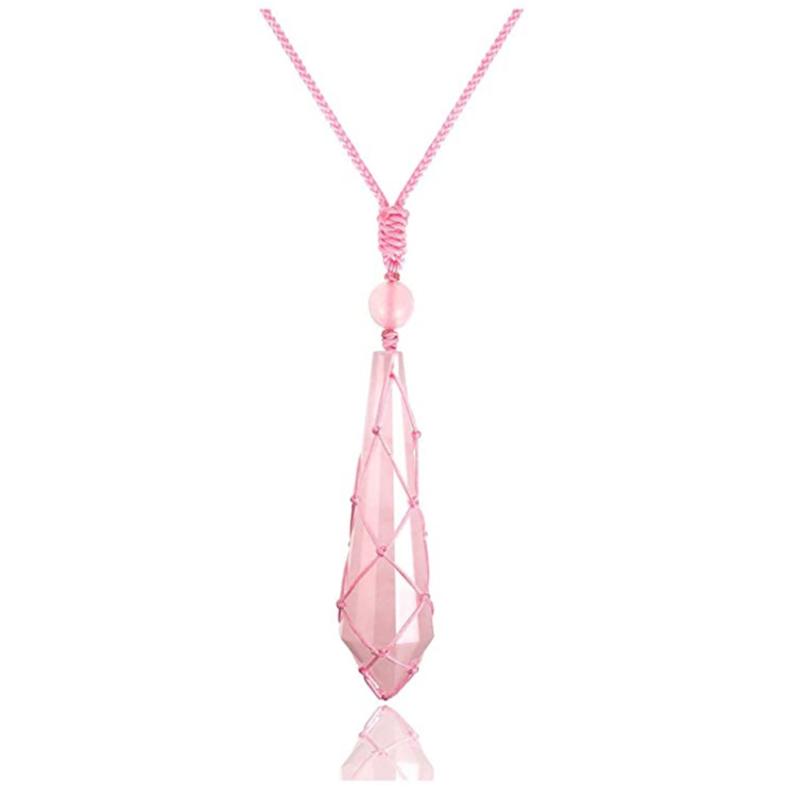 

FYJS Unique Handmade Weave Hexagon Prism Rose Pink Quartz Pendant Black Agates Necklace Ethnic Style Jewelry