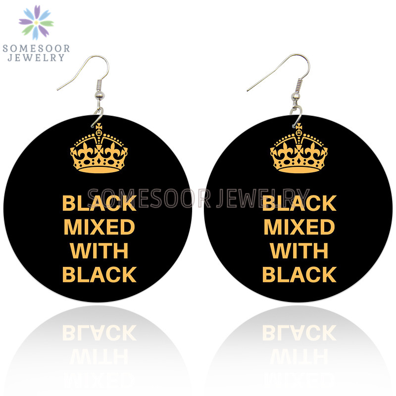 

Dangle & Chandelier SOMESOOR Black Mixed With Queen Crown Design Wooden Drop Earrings Inspire Sayings Both Side Print Ear Loops For Women Gi
