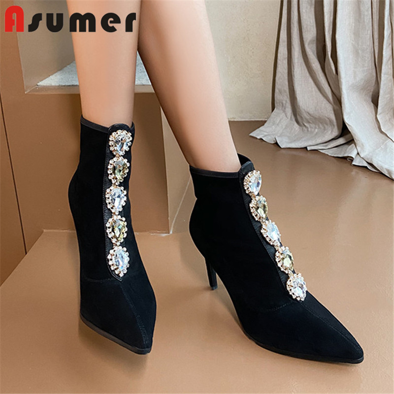 

Asumer 2020 new arrive stretch boots women top quality high heel party wedding shoes crystal pointed toe ankle boots woman, Black not fur