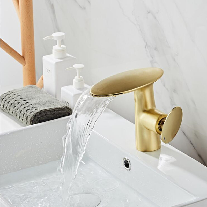 

Basin Mixer Tap Solid Brass Hot and Cold bathroom waterfall brush gold Mixed Water Sink Faucet