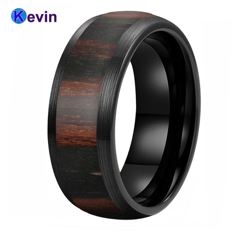 

Black Tungsten Wedding Band Wood Ring For Men And Women Dome Band Brush Finish With Black Wood Inlay 8MM Comfort Fit