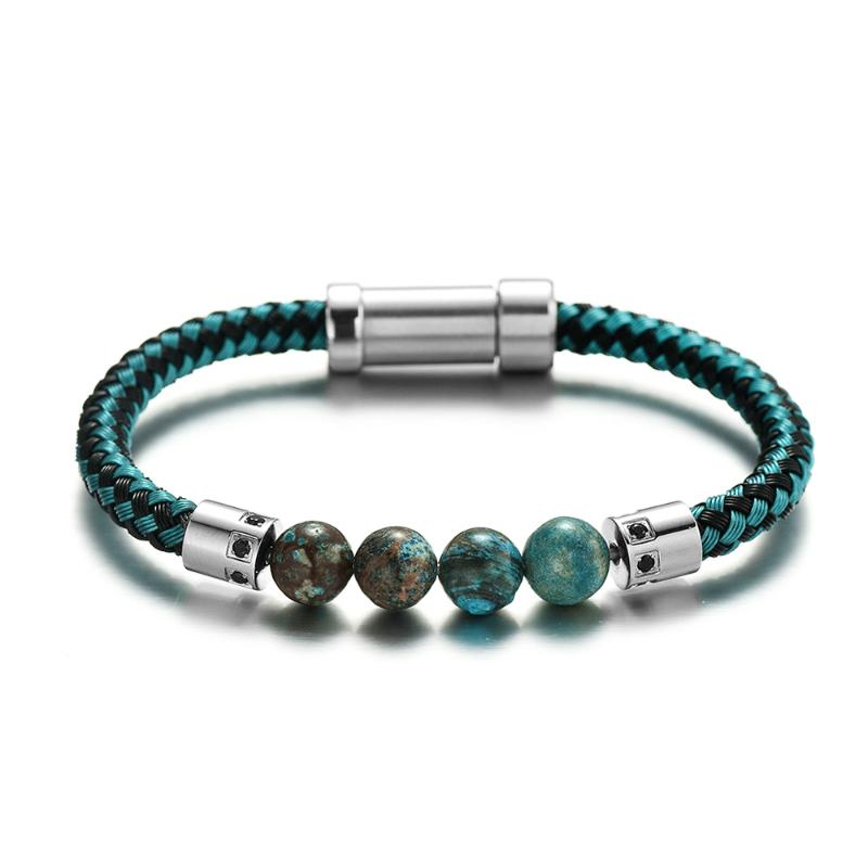 

RUIMO Detachable Men Luxury 316L Stainless Steel Wire Rope and Natural Stone Bead Blue Jewelry Bracelet for Men and Women DIY