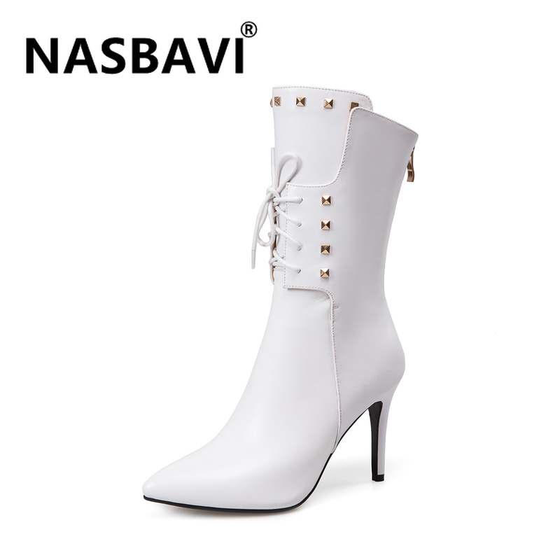 

New Arrival women Shoes Fashion Rivet sexy thin High heel mid-calf Boots Black British Real cowhide fashion warm women boots