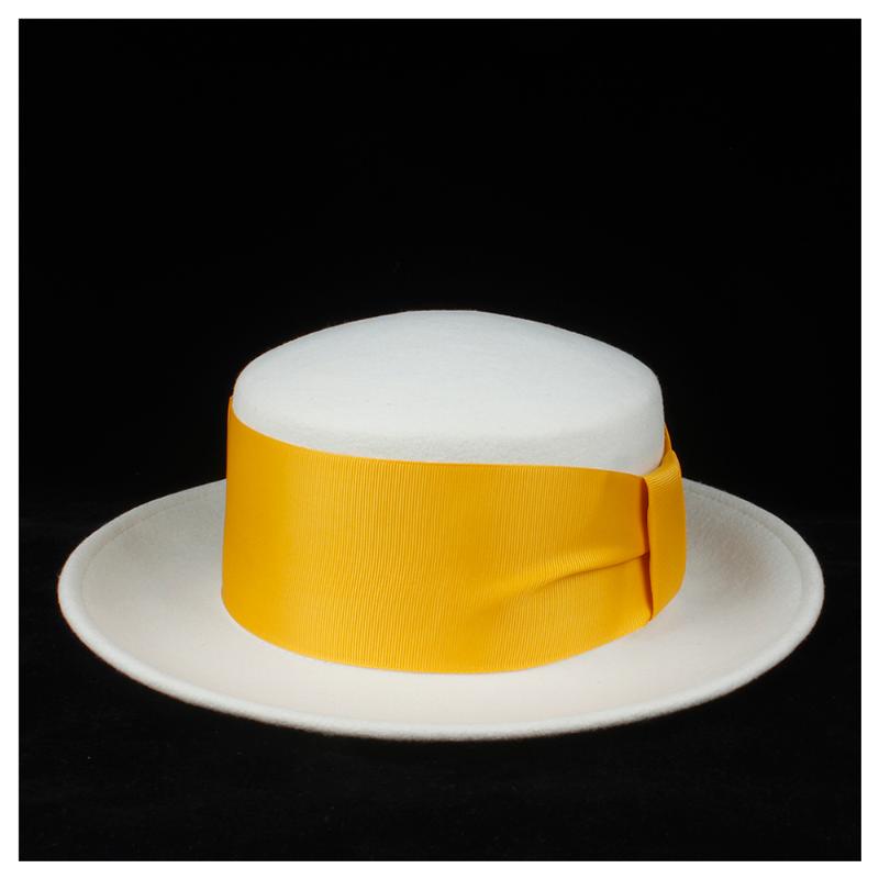 

100% Wool Authentic Women Fascinator Flat Top Hat With Ribbon Fedora Hat For Elegant Lady Wide Brim Size 56-58CM, Yellow