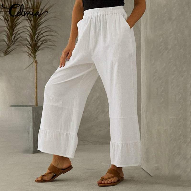 

2020 Fashion Women Party Wide Leg Pants Elastic Waist Trousers Celmia Casual Loose Solid Vinatge Pantalones Plus Size Pants 7, Blue