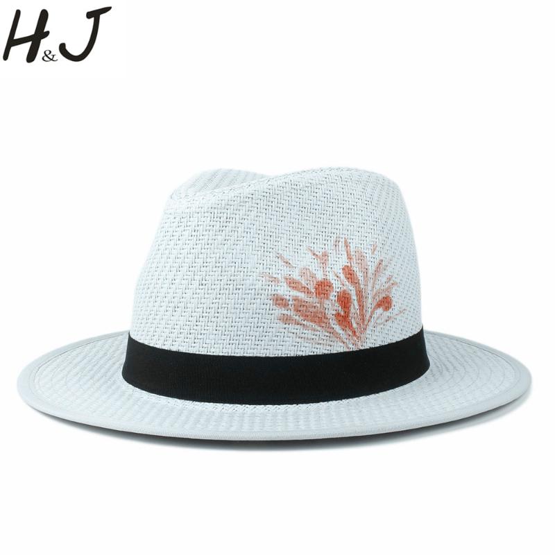 

Women Panama Hat Summer Straw Beach Sun Hat Fashion 100% Hand Painted Flower Lady Queen Homburg Jazz Dropshipping, White fllower