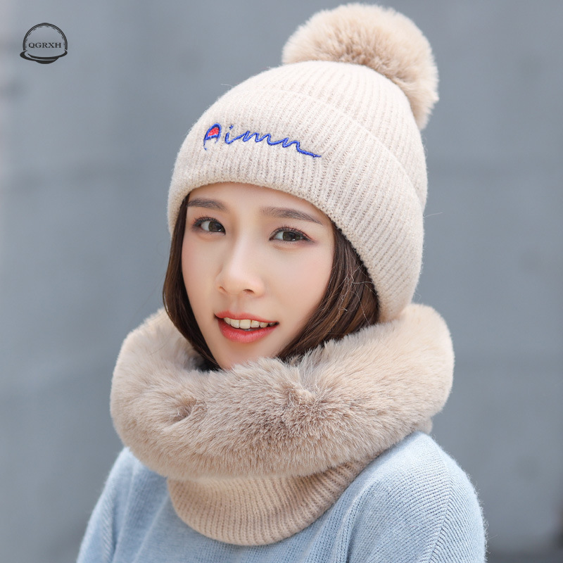 

Winter Women's Double Color Knitted Hat and Thick Plush Scarf 2 Pieces Set Warm Pompom Beanies Hats Female Protect Neck Bonnet, Xh 5