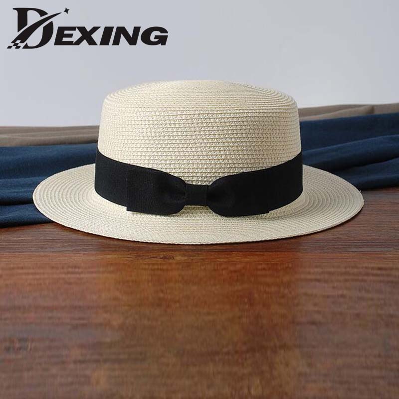 

wholesale sun flat straw hat boater hat girls bow summer Hats For Women Beach flat panama straw chapeau femme, Beige