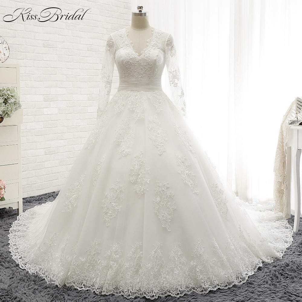 

Vestido de noiva Long Sleeves Wedding Dress 2017 Sheer Tulle Back Lace Appliques Wedding Gowns Bead Belt Bride Dresses Boda, White