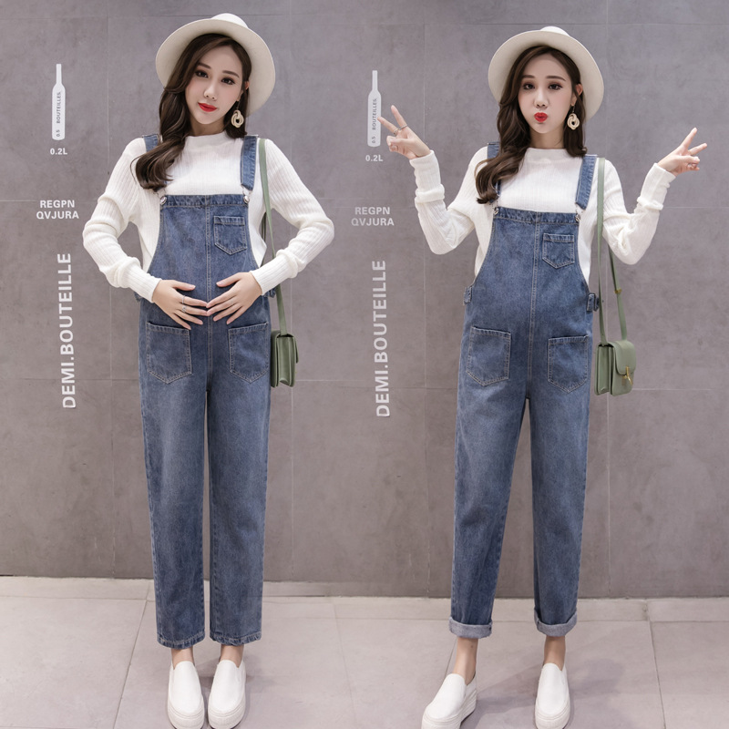 

Maternity Denim Jumpsuits Autumn Casual Wash Jean Overalls Clothes For Pregnant Women Loose Belly Support Pregnancy Trousers, Blue