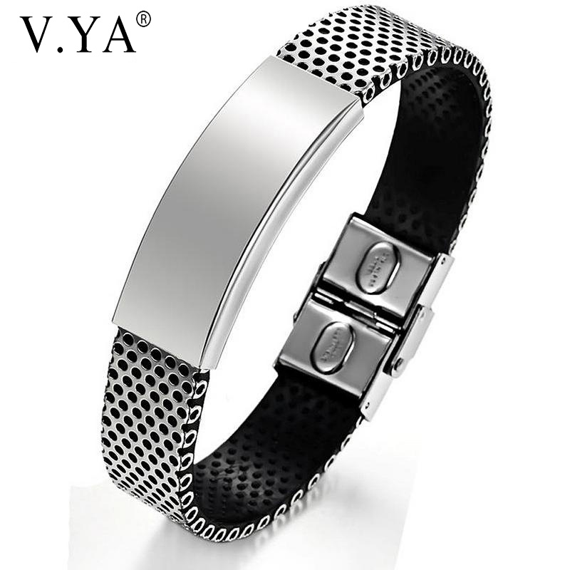 

V.YA Black Fashion Engraved Name Bracelet Men's DIY Smooth Leather Bracelet Leather Jewelry as Decoration
