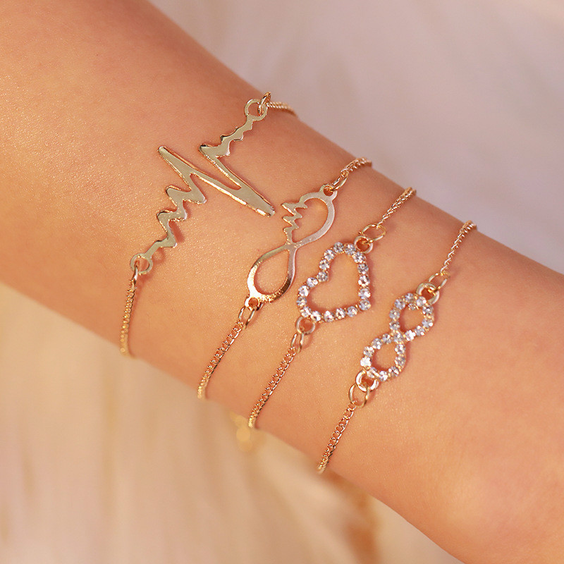 

Crystal 4-piece Bracelet ECG Pattern Heart 8-shaped Bracelets For Women Gold Color Bracelets & Bangles Creative Fashion Jewelry