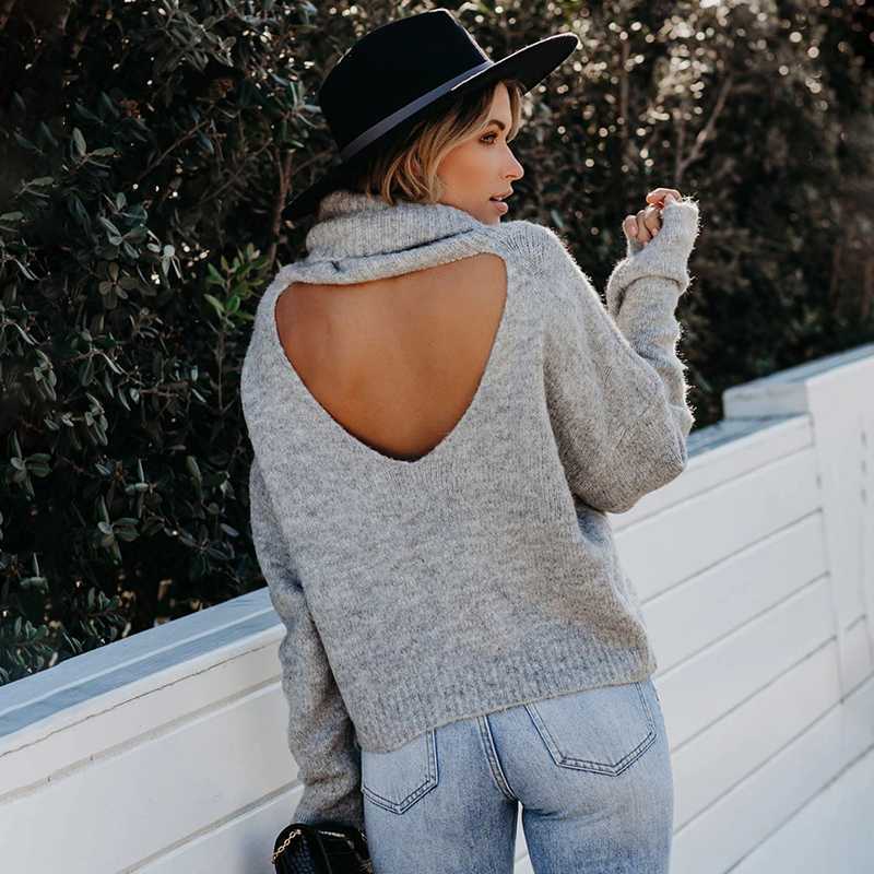 

Fitshinling Backless Cut Out Pullover Turtleneck Sweater Women' Knitwear Long Sleeve Top Autumn Winter Jumper Sweaters Female, Khaki