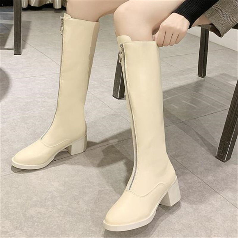 

Women's Candy Color Booties Women Zippers Knee High Boots Pu Leather Square Heels Shoes Female Fashion Long Boots Ladies Shoes, Beige 1