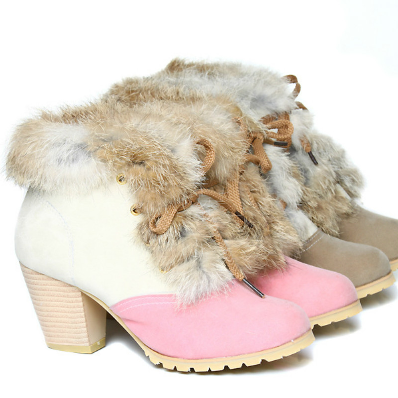 

SWONCO Fur Ankle Boots Woman Thick Heel Pumps Shoes Winter 2020 New Female Fashion Winter Short Tube Snow Boots Ladies, Brown
