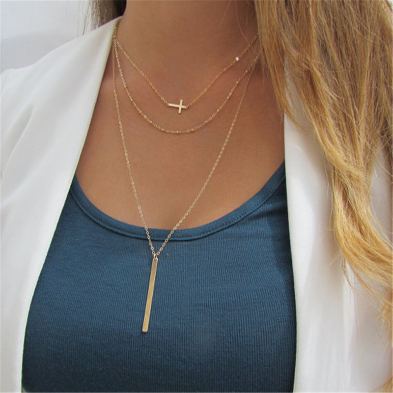 

Simple Multilayer Lady Necklace Cross Pendant Contracted Fashion Gold Jewelry Statement Long Necklace Pulsera Hombre