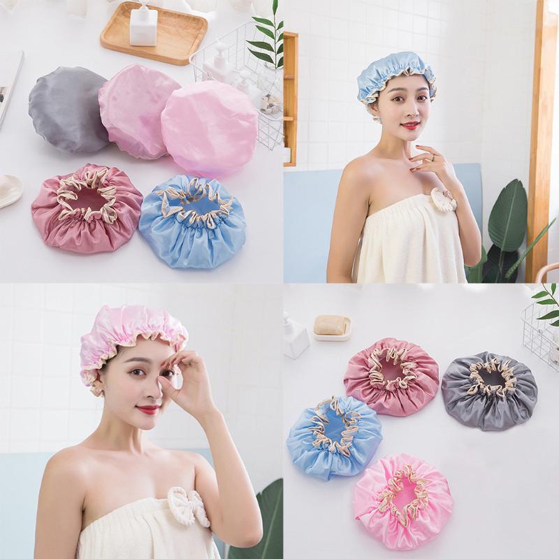 

Women Solid Color Double Waterproof Shower Satin Bathing Cap Hats Silk Reusable Hair Cover Household Shower Cap