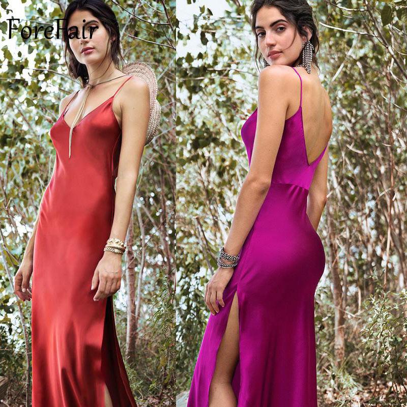 

hot sale Forefair Sexy Maxi Satin Dress Summer Women Slit V Neck High Waist Off Shoulder Black Red Silk Slip Dress Party Club, Red dress