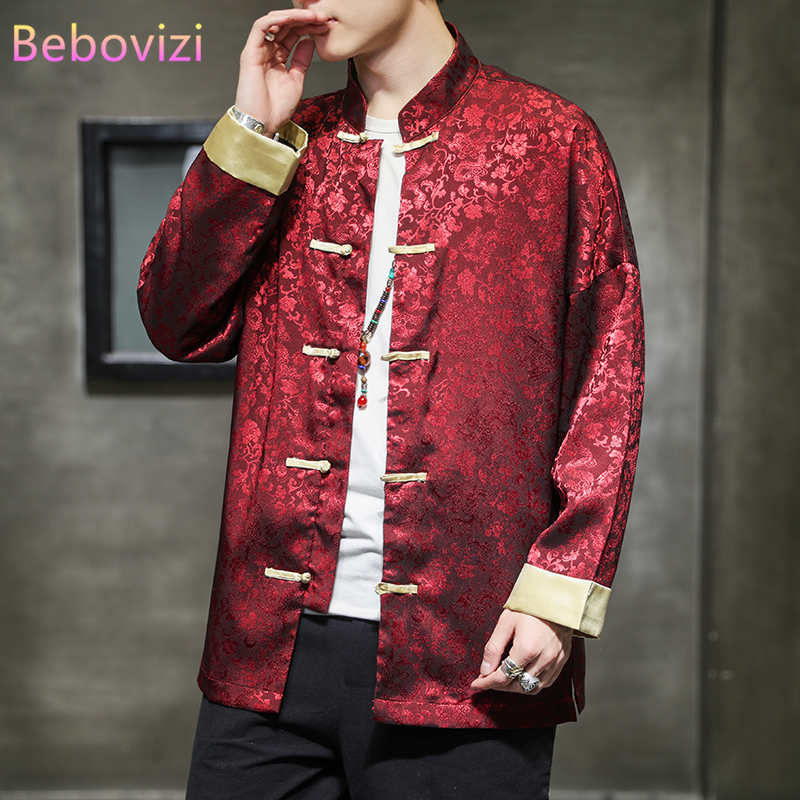 

Plus Size M-5XL Loose Autumn Red Black Ice Silk Fabric Tang Suit Traditional Chinese Style Men Tops Jacket New Year Clothing