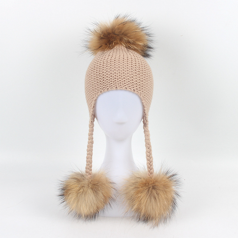 

Dollplus Baby Girls Hat Children's Knitted Hats Boy Girl Cute Winter Caps Raccoon Fur Newborn Hat Warm Pompoms, White