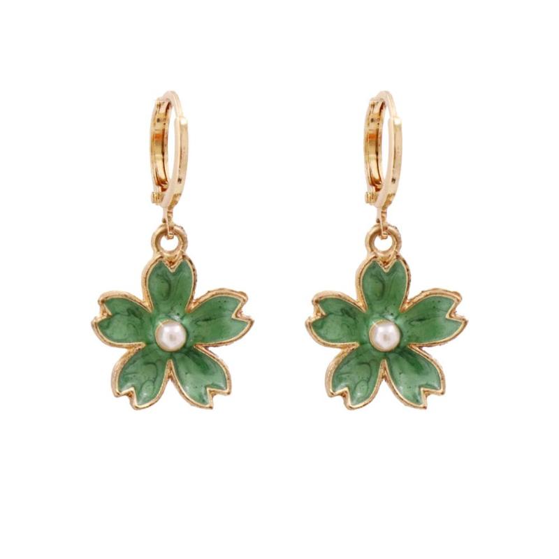

2020 Trendy Jewelry Gold Small Hoop Earrings Green Flower Earrings for Women Girls Cute Romantic