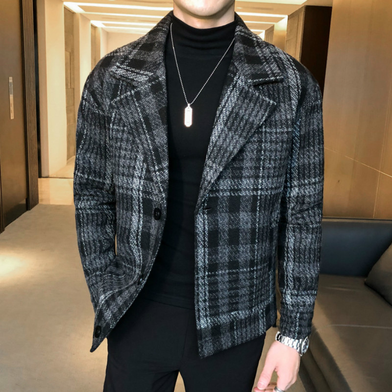 

2020 Winter Jackets Men Warm Long Sleeve Plaid Wool Trench Coat Jacket Casual Steetwear Windbreaker Men's Slim Fit Jacket, Black