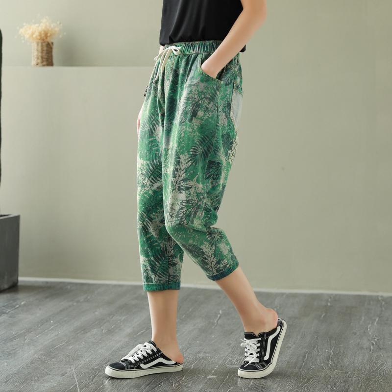 

FairyNatural Women Vintage Elastic Waist Print Denim Pants Ladies Casual Summer Jeans 2020 Drawstring Slim-type Trousers, Figure 1