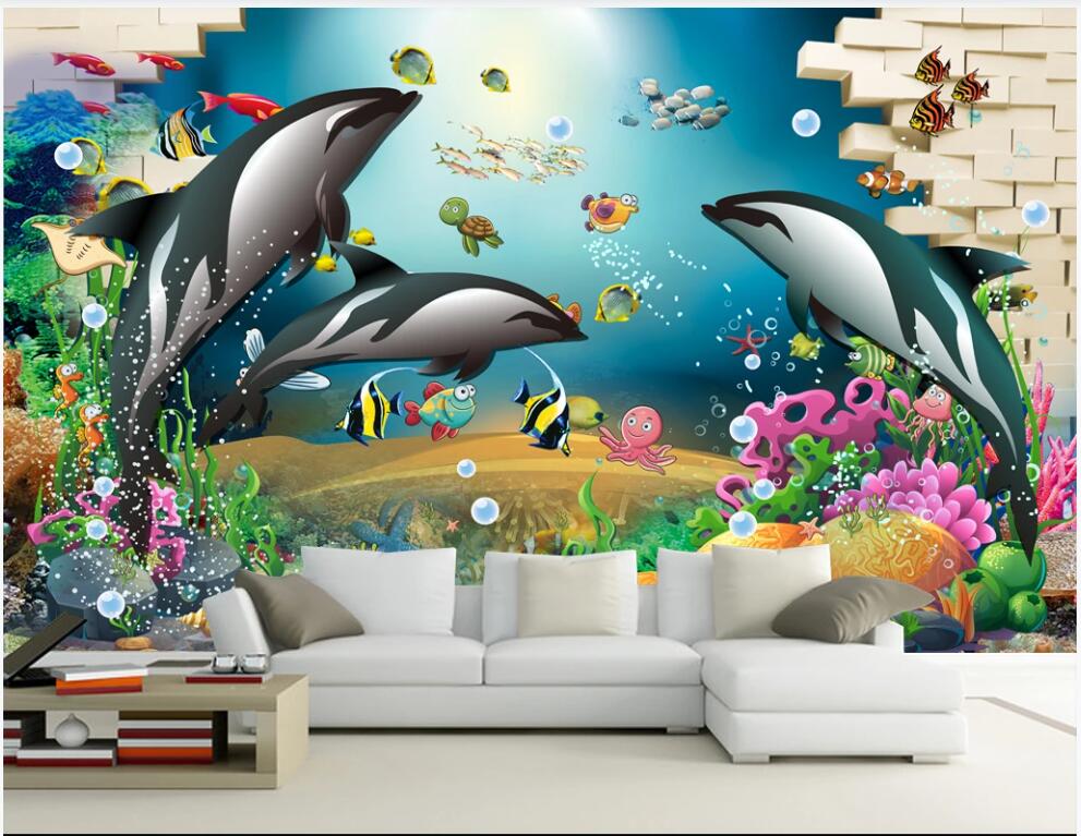 

WDBH custom photo mural 3d wallpaper Brick wall dolphin underwater world children's room home decor 3d wall murals wallpaper for walls 3 d, Non-woven