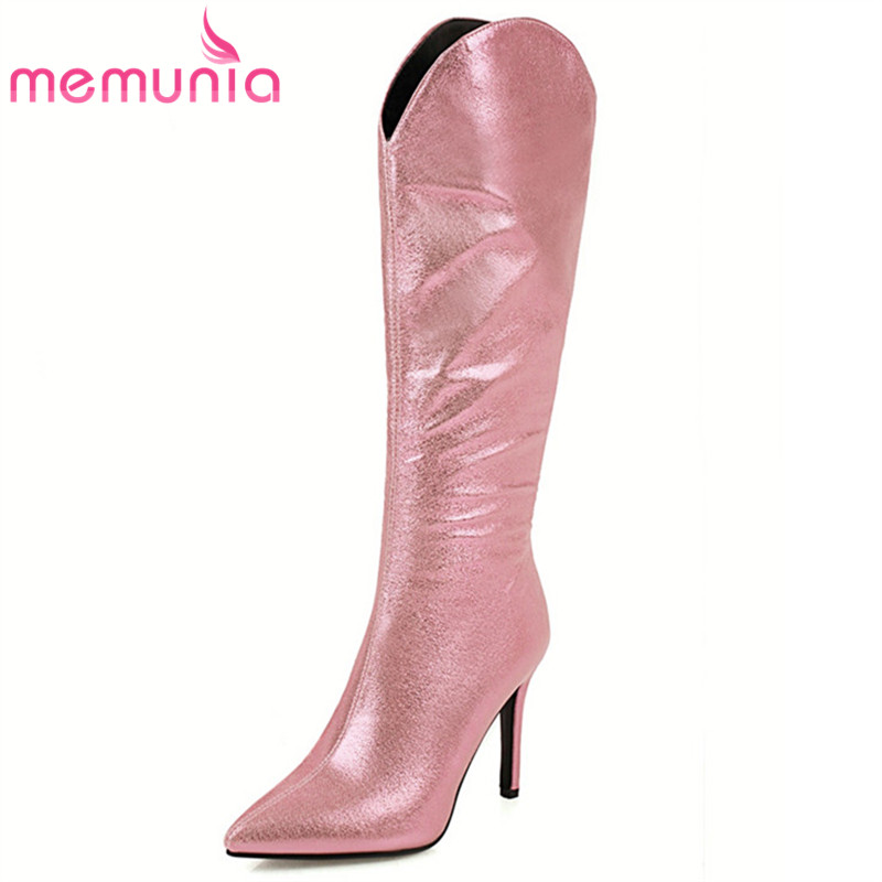

MEMUNIA 2020 new arrive knee high boots women pointed toe zip sexy thin high heel party Night Club Shoes ladies long boots, Gold