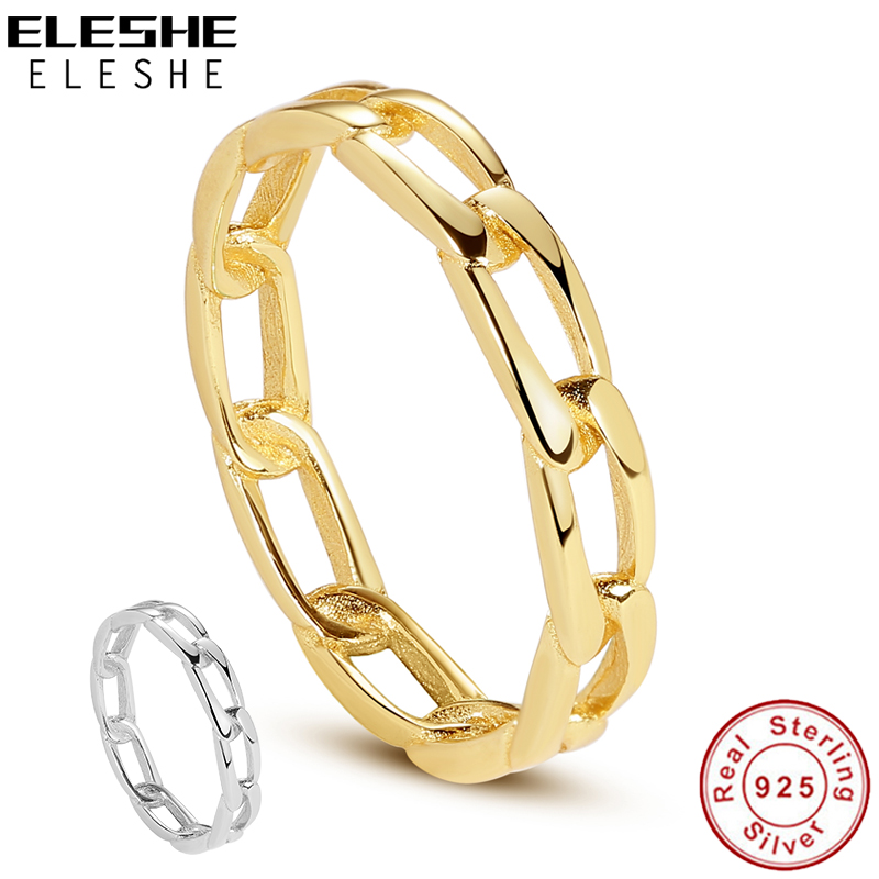 

ELESHE Authentic 925 Sterling Silver Fine Rings 18K Gold Plated Chunky Chain Ring Link Twisted Geometric Rings for Women Gift