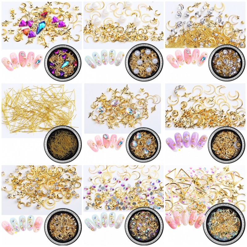

1 Box Hollow Gold Nail Art Metal Nail Rivet Colorful Charm Triangle Moon Studs & Crystal AB Rhinestones DIY Art Studs DJS01
