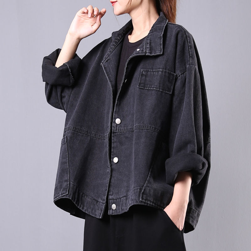 

Large Size Women's Autumn New Loose All-matching Long-sleeved Slimming Denim Short Jacket Outdoor Camping Climbing Coat, Black
