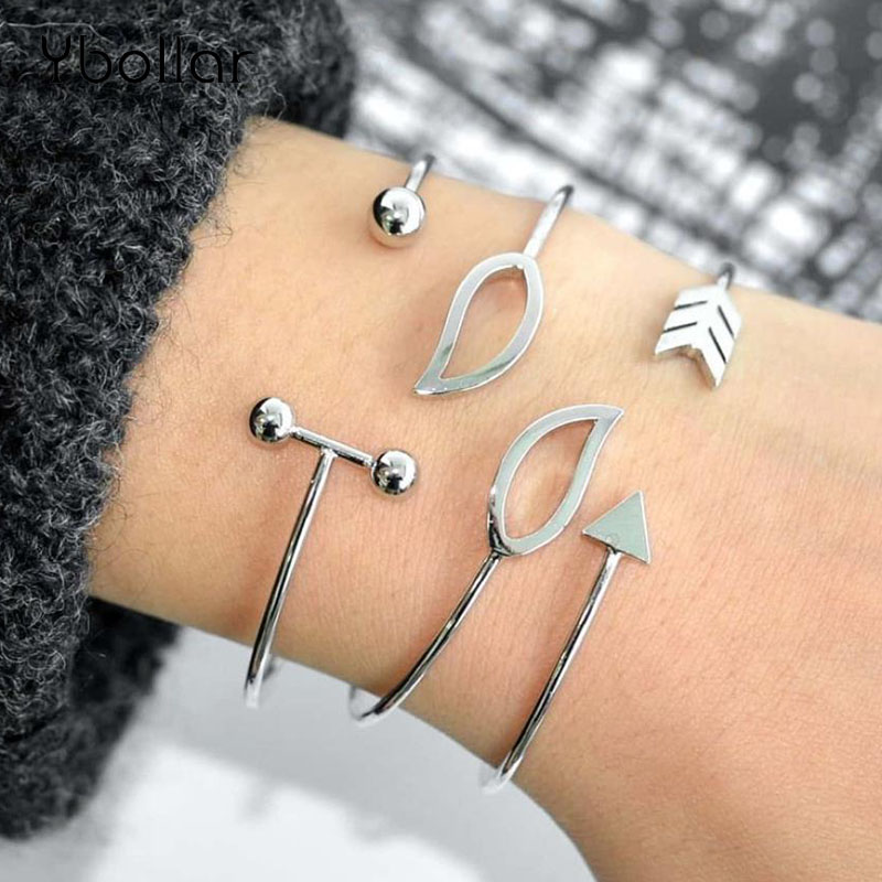 

3pcs/Set Gold Color Silver Color Bracelet Set Women Fashion Leaf Arrow Barbell Bangles Jewelry Gift