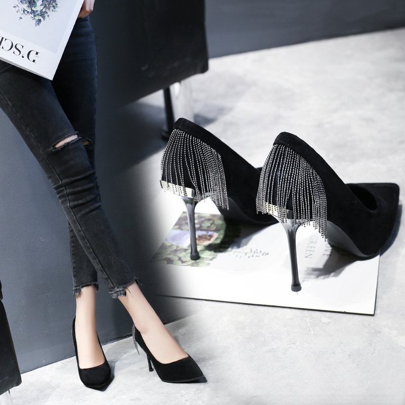 

French sexy black high heels 2020 spring and summer new wild tassel pointed thin heeled shoes women